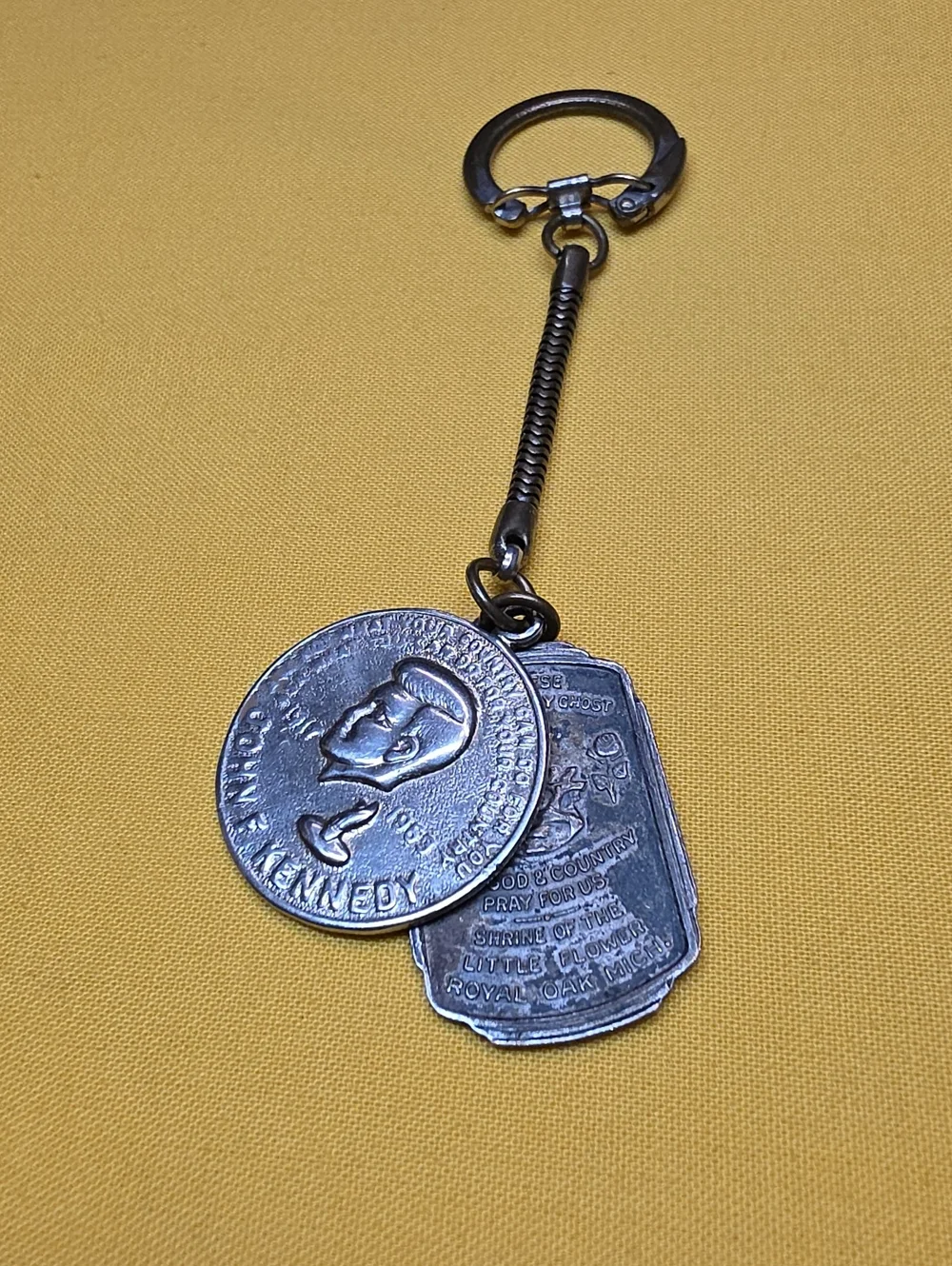 Vintage JFK Memorial & St Therese Shrine Medal Snake Chain Keychain 1960s